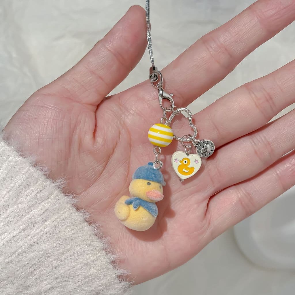 Cordão para celular, porta-cartões, decoração de chaveiro para bolsa, pingente de pato de pelúcia com contas, desenho an