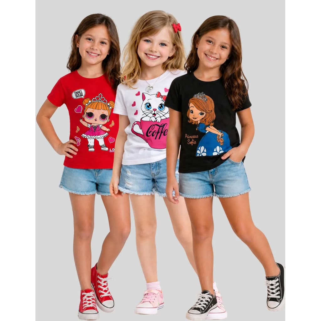 Camiseta Infantil Menina Kit 3 Blusas Algodão