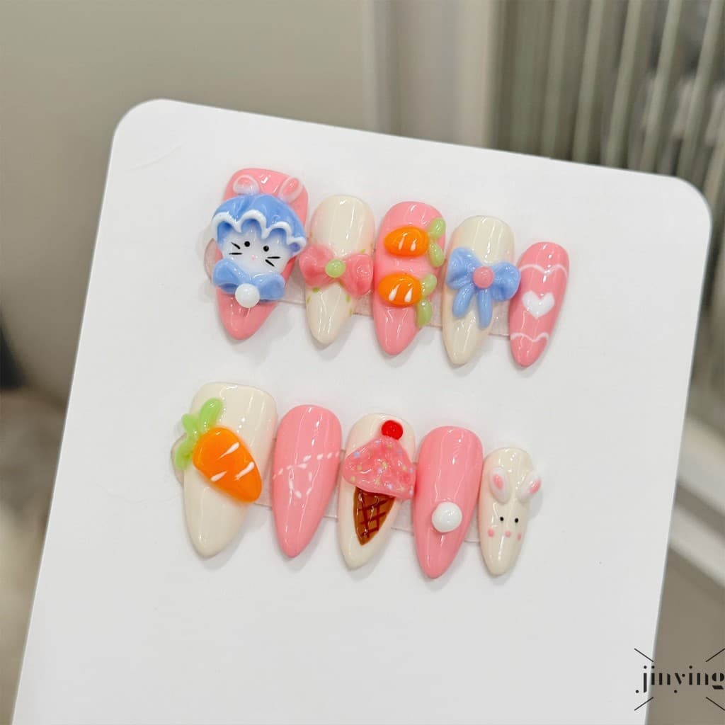 10 Pçs Unhas Falsas Feitas À Mão Forma De Amêndoa Pintado Design Esculpido Imprensa Em Pontas De Pura Arte Artesanal Con