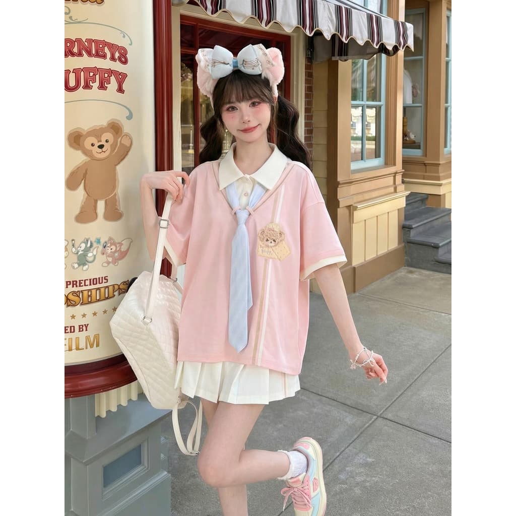 Mori menina tribo doce estilo falso de duas peças contraste cor Design topo de manga curta camiseta feminina 2026 novo e