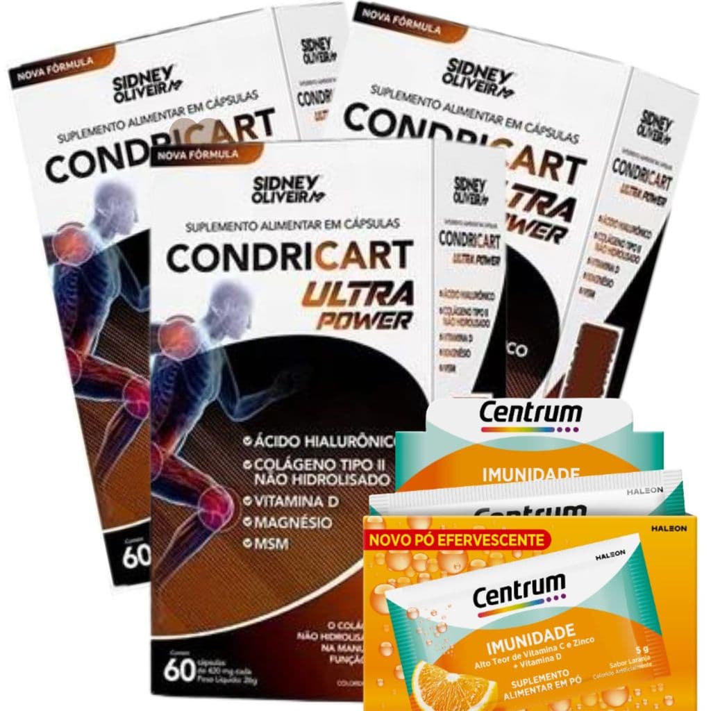 Sidney Oliveira Kit X 3 Condricart Ultra Power Colageno Tipo Ii 180 Capsulas mais Vitamina Centrum