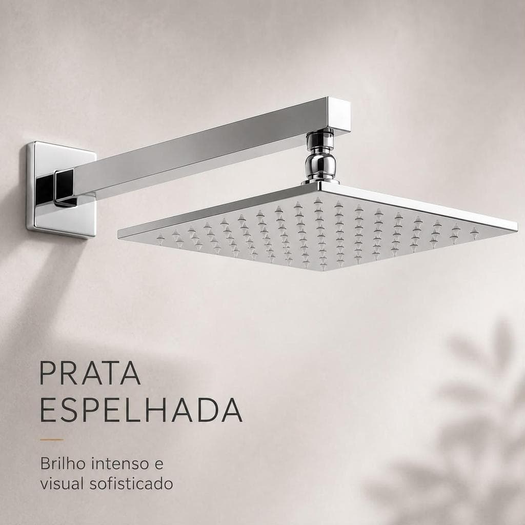 Chuveiro Ultra Fino Quadrado em Aço Inox – Ducha de Alta Pressão com Braço de Parede