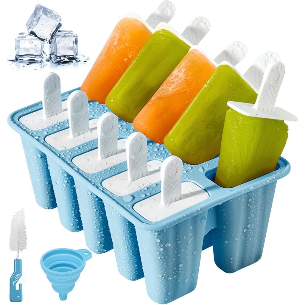 Formas de Silicone para Picolé, Azul, 10 Cavidades |   Reutilizável, com escova de limpeza, com funil dobrável, para cri