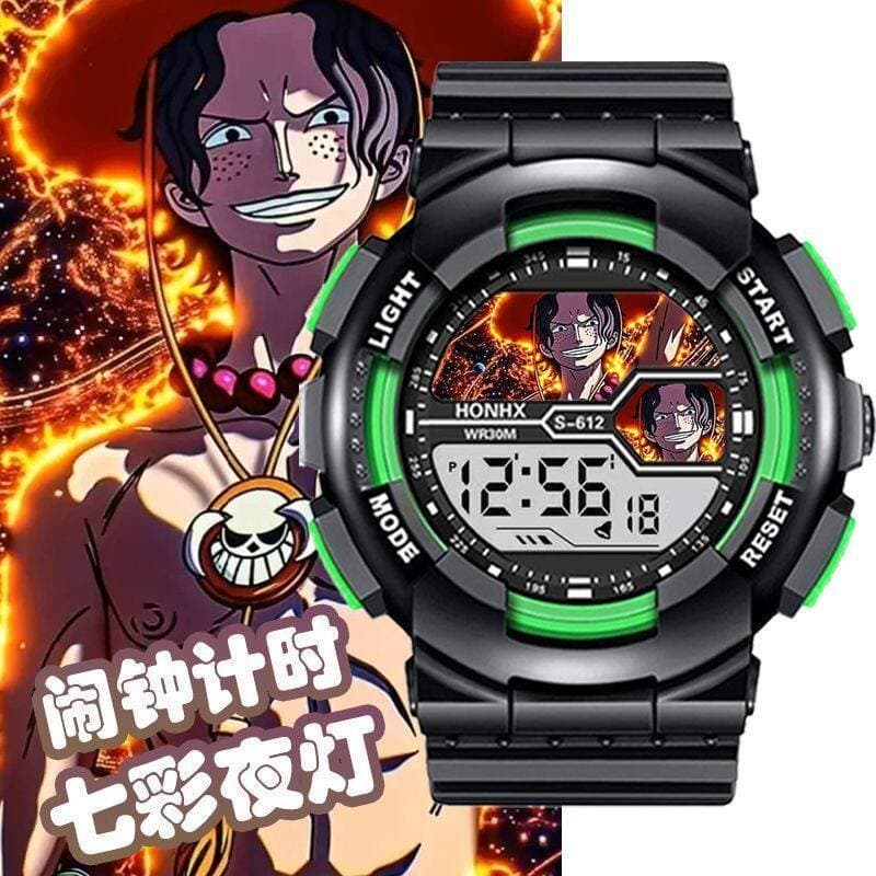 Relógio infantil popular com tema do anime One Piece Ace Luffy, relógio eletrônico com luz noturna colorida para alunos