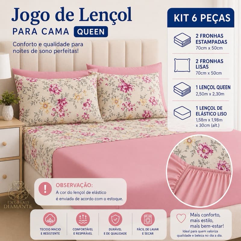 Jogo de Cama Casal Queen Size 6 Peças Hyper-Percal 400 Fios Toque Suave e Macio – Qualidade Premium