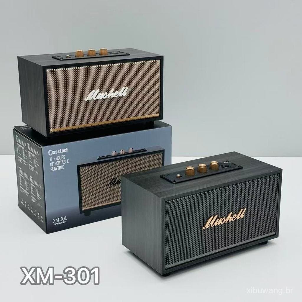 （XIBU）Caixa de Som Bluetooth Retrô de Madeira e Couro, Subwoofer Portátil para Uso Externo