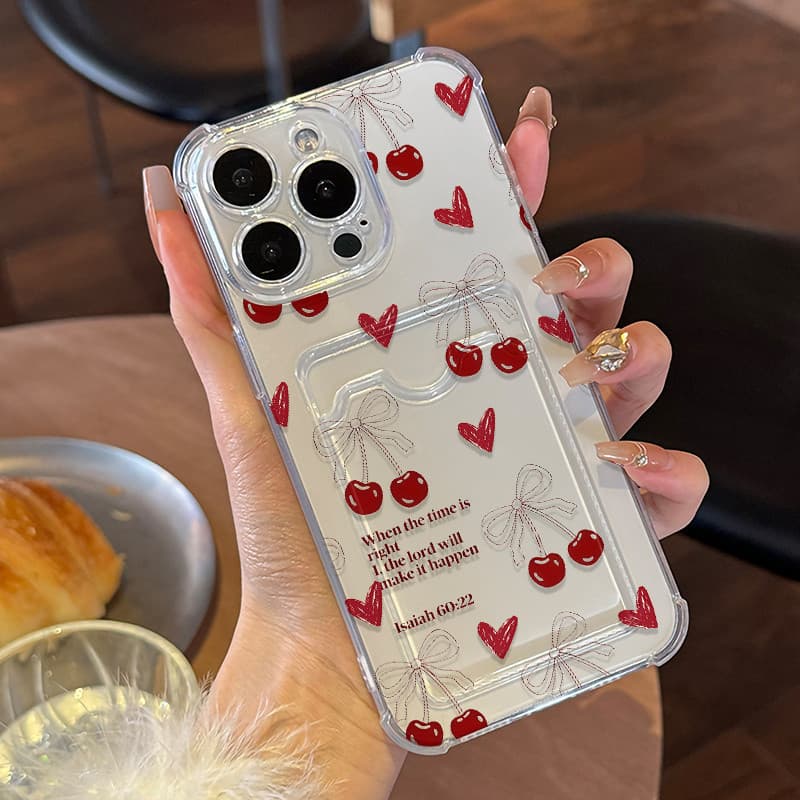Capinha cereja coração transparente com cartãoa Anti-impacto Para Samsung A07 A16 A17 S25 PLUS EDGE A14 A54 A55 A35 A23