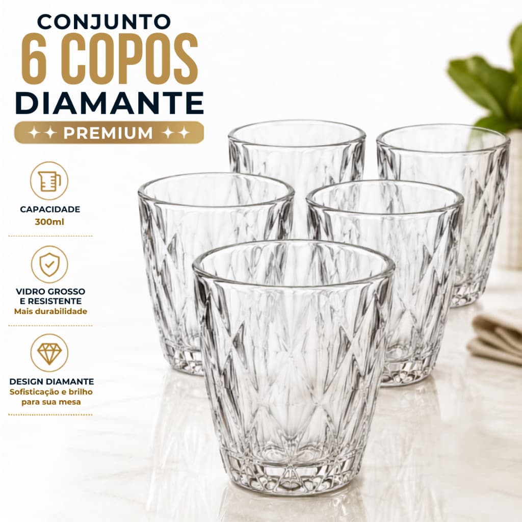 Jogo 6 Copos De Vidro Diamante 300ml Vidro Grosso Para Água Suco Refrigerante Drinks - Casutil
