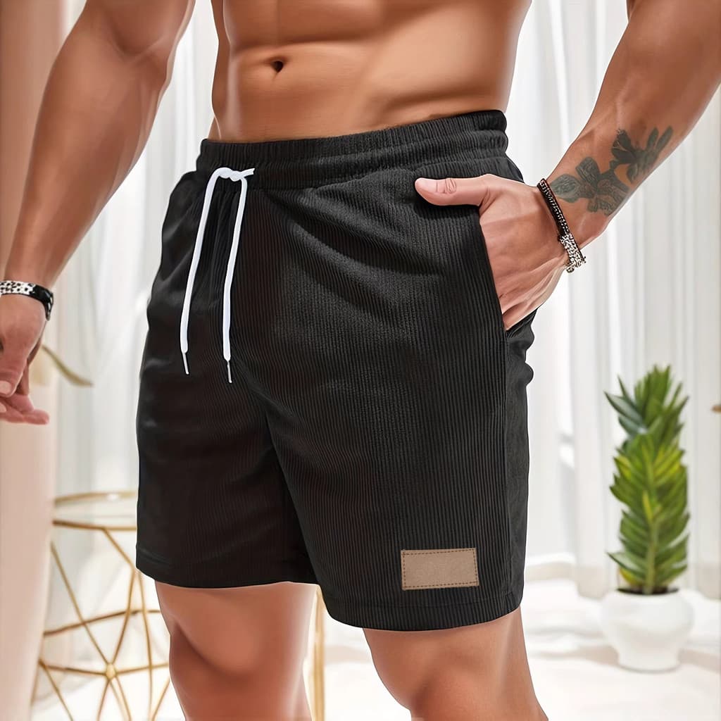 Shorts masculinos de cor sólida transfronteiriço, calças esportivas com cadarço, veludo simples, shorts de cinco pontos,