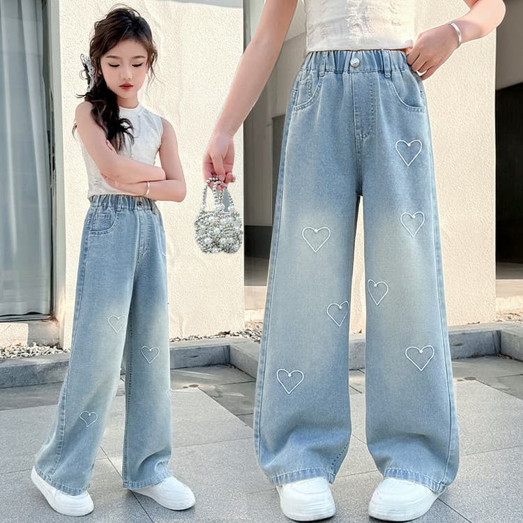 Meninas Jeans de perna larga coração frisado decoração médio grande crianças primavera outono calças casuais finas
