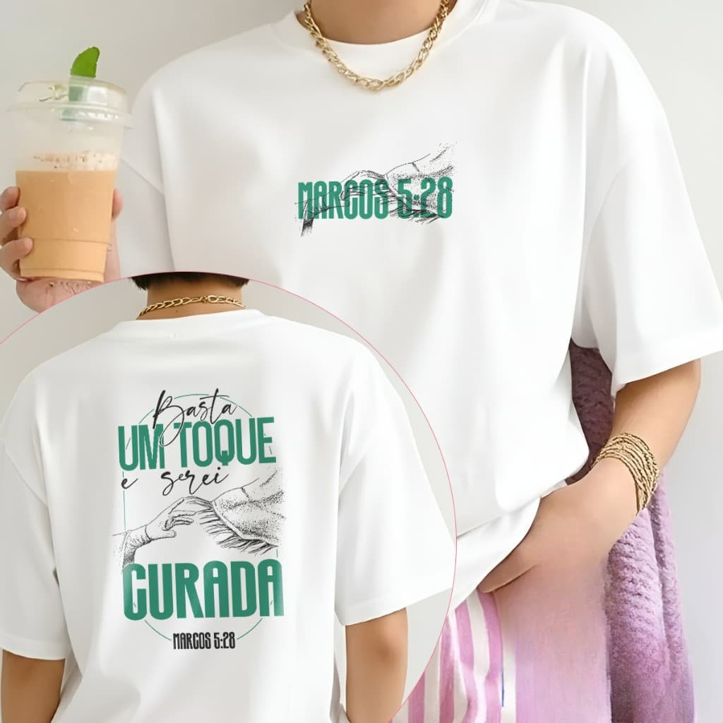 Camiseta Feminina T-Shirt Cristã Estampa Marcos 5:28 Camisa Gospel 100% Algodão