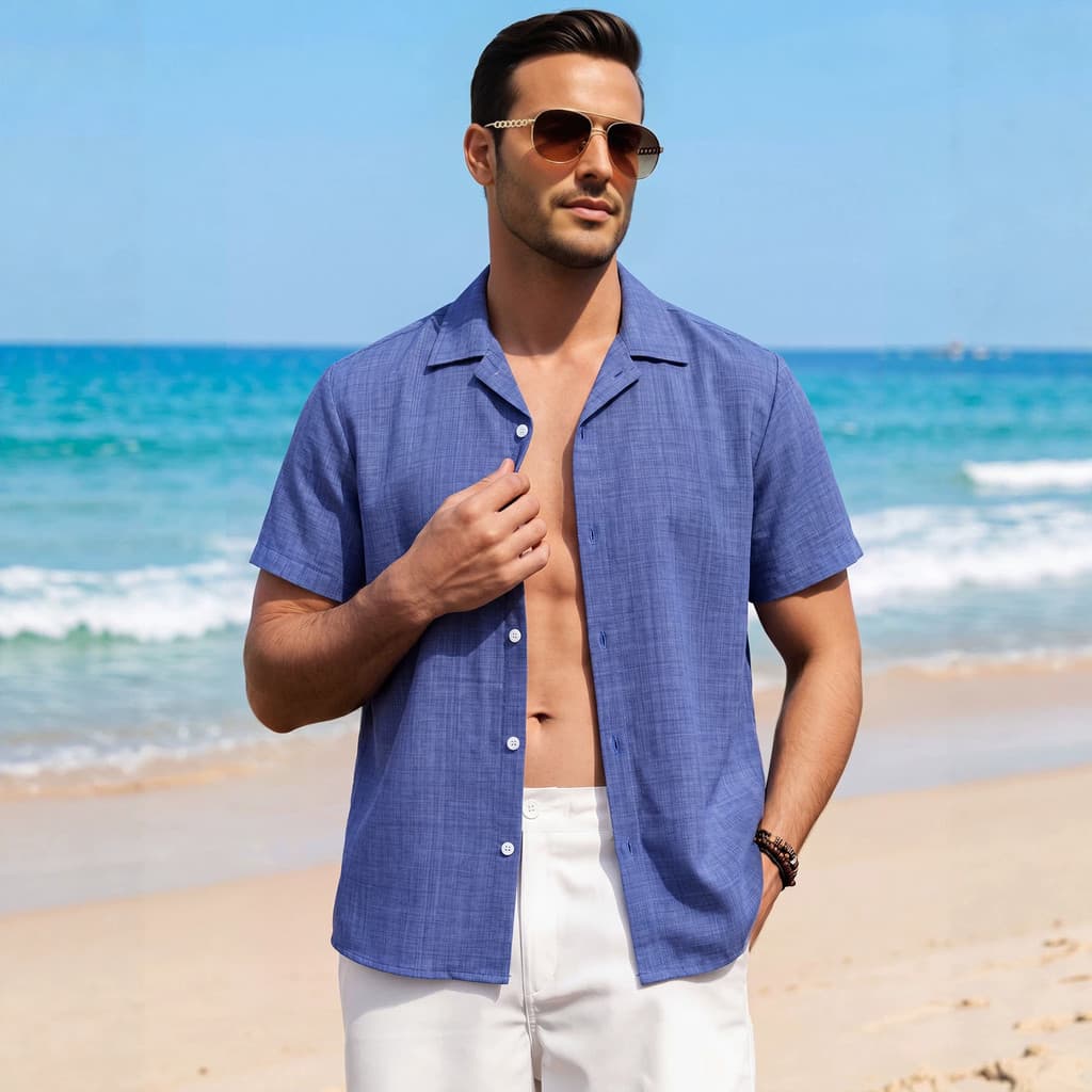 Camisa masculina de linho Lisi transfronteiriça plus size retrô de manga curta solta plus size praia