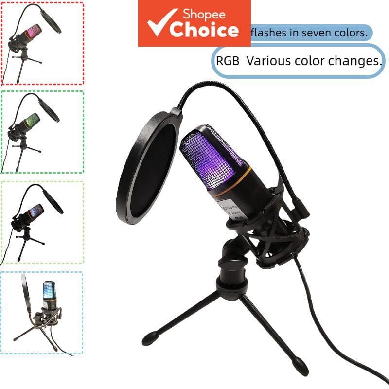 Conjunto de Microfone USB Condensador com Luz RGB Pop Filter e Tripé para Jogos, Transmissão e Gravação