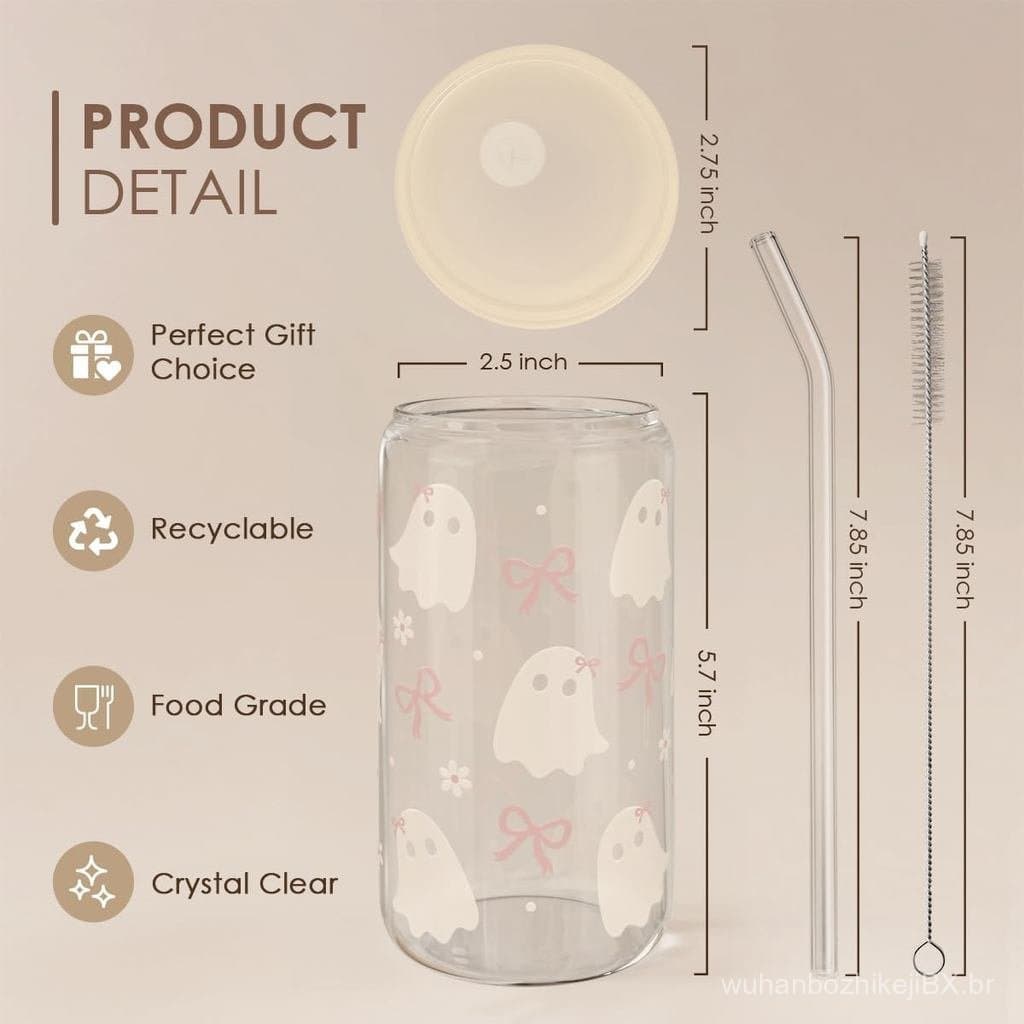 Copo de Vidro SANDJEST Halloween 16oz com Tampa de Acrílico e Canudo, Copo para Café Gelado para Mulheres e Meninas, Pre