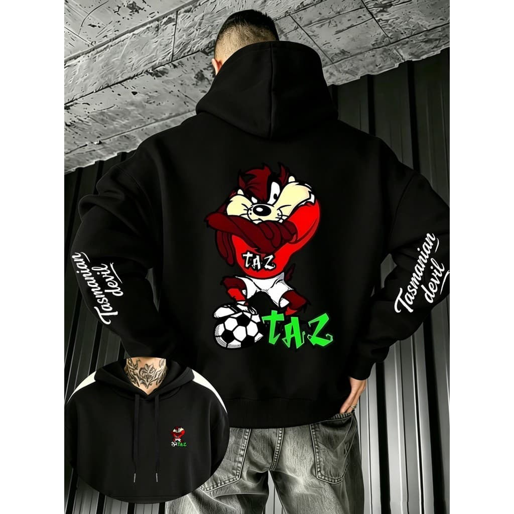 Moletom Masculino Canguru Streetwear  Estampa Taz Jogador de Futebol Com Bolso e Capuz Casual Unissex