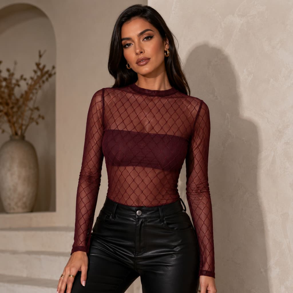 Body Tule Feminino Manga Longa Diamante Moda Festa Elegante Premium