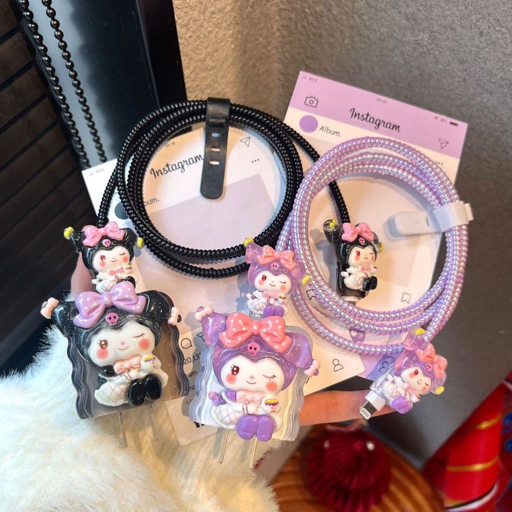 Bonito Kuromi Caso De Carregamento Capa Protetora Compatível Para iPhone 18W 20W Cabo Enrolador Dados Protetor Anti-Queb