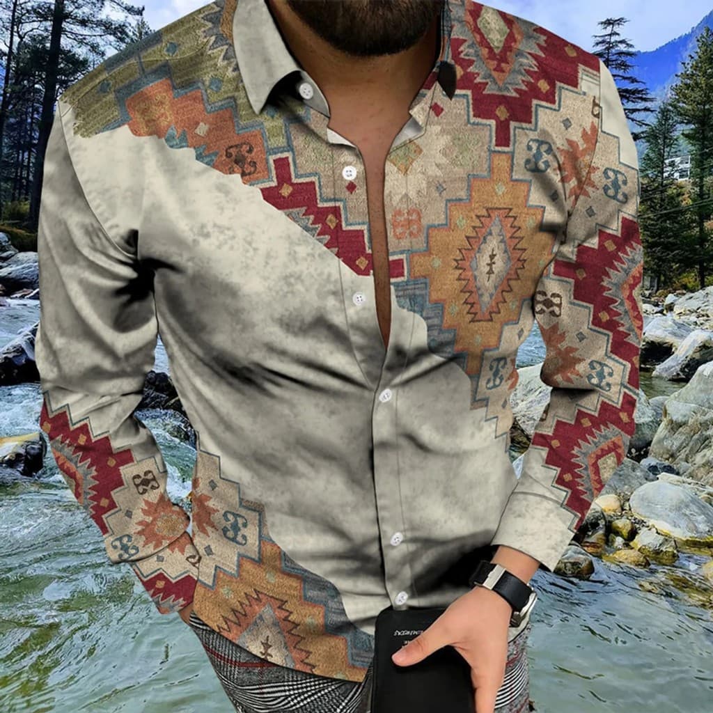 Camisa Masculina Casual de Manga Longa Estilo Étnico, Estampa Azteca Floral, Gola Dobrada, Moda Urbana, Abotoamento Simp