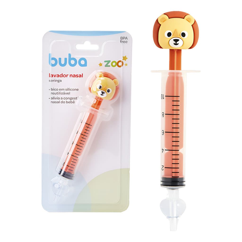 Lavador Nasal Seringa Bebê Buba Zoo Leão Bico Ponta Silicone Laranja