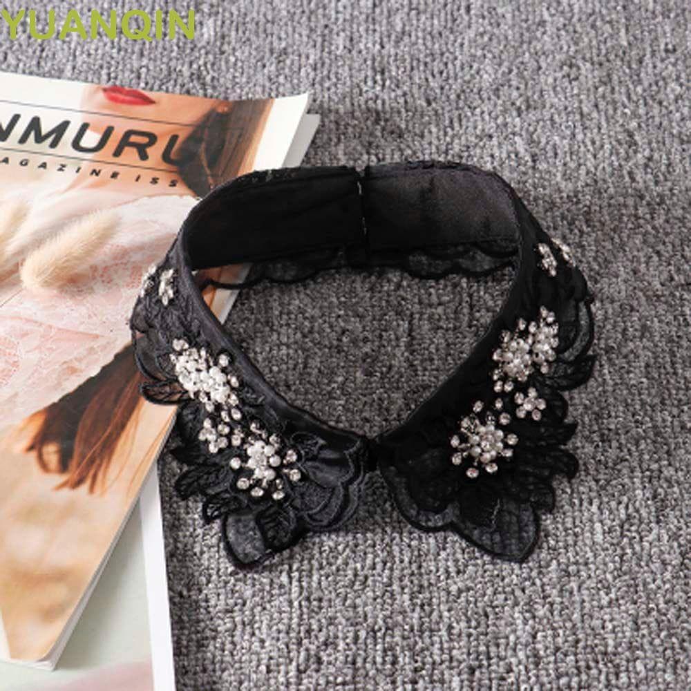 YUANQINZT Gola Falsa Elegante para Festa com Pérolas e Strass, Gola de Camisa Floral Vazada LTP5