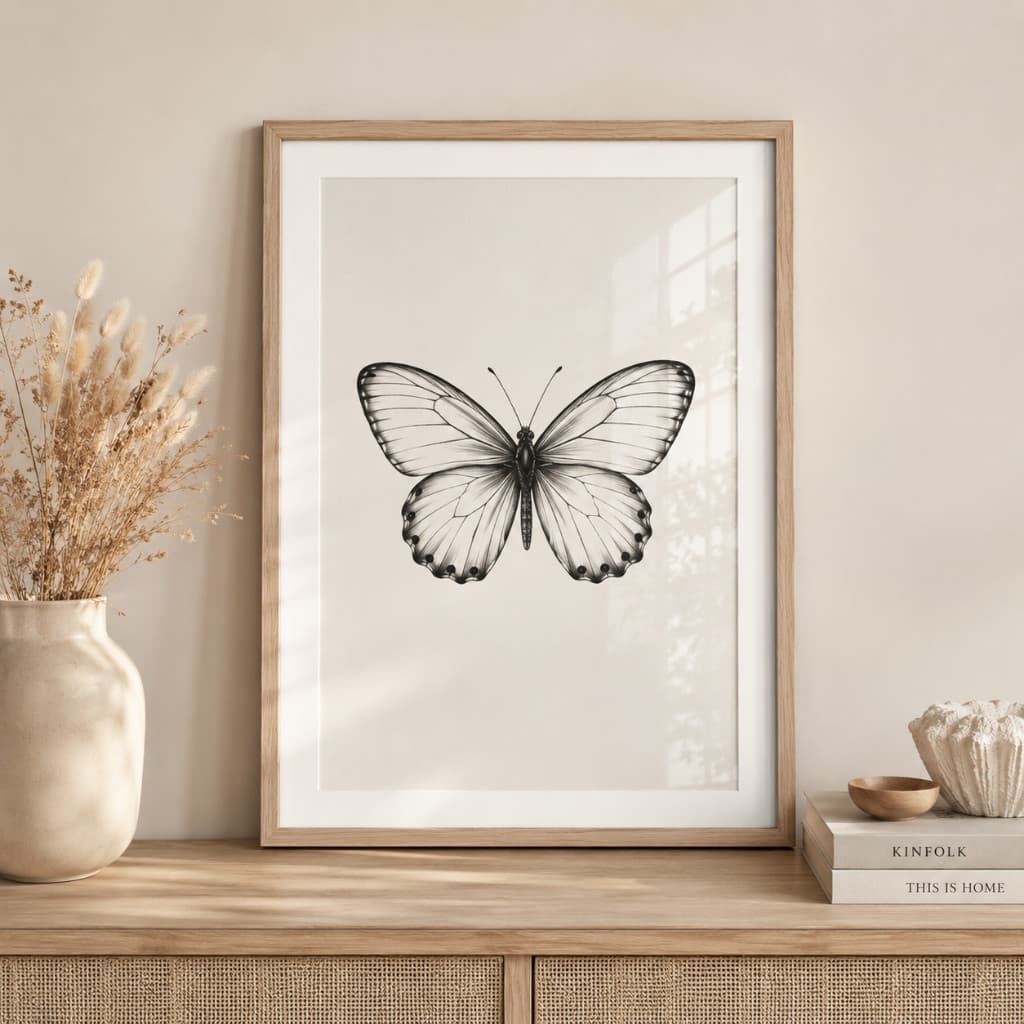 Quadro Decorativo Sala Quarto Borboleta Desenho Traço Fino Preto E Branco Minimalista