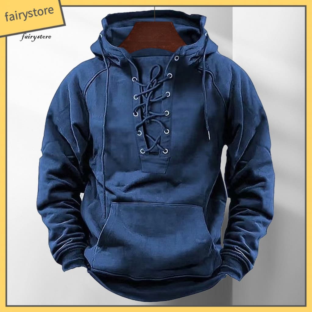 Men Fall Hoodie Warm Men's Winter Retro Lace-up Strap Pullover with Elastic Cuffs Loose Fit Mid-length Hip Hop Style Sol