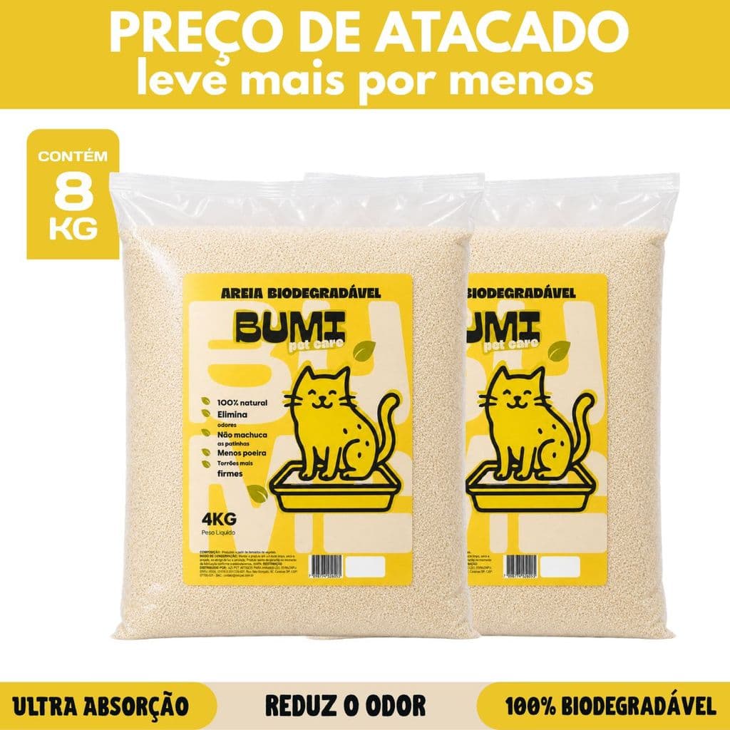 Areia Bumi Pet  Milho e Mandioca 4kg a 8kg  Super Premium Biodegradável Alta Absorção