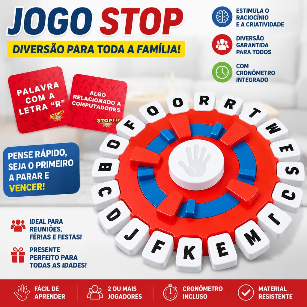 【Versão em Português】Jogo de Tabuleiro Stop que Trava Letras com Temporizador GRANDE 24cm Tipo Tapple