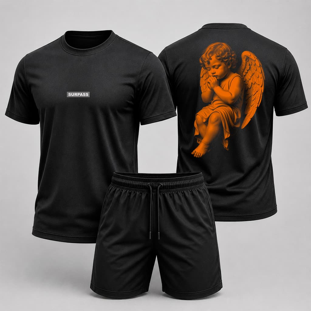 Kit conjunto camiseta estampada grande nas costas + short tactel bermuda
