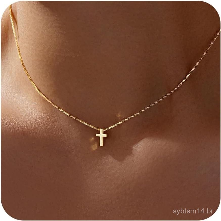 Colar de Cruz para Mulheres e Meninas, Delicado, Banhado a 14K e Prata, Colar Choker com Pingente de Cruz, Joia Res