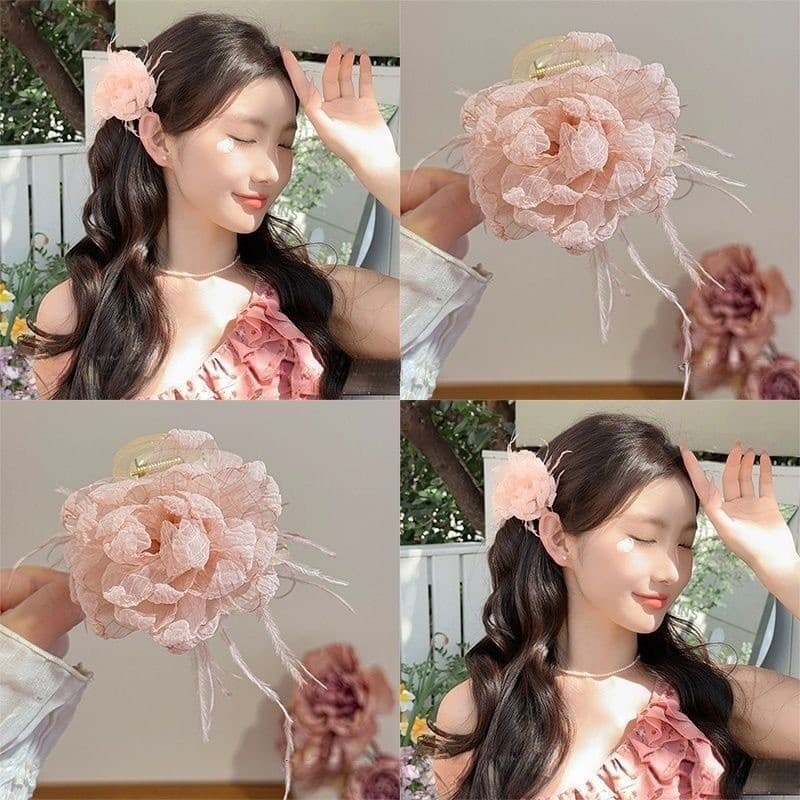 [Estoque pronto] Super Fada Pena ~ Flor Verde Grab Clip Feminino High-End Novo Grampo de Cabelo Chinês Meia Gravata Gram