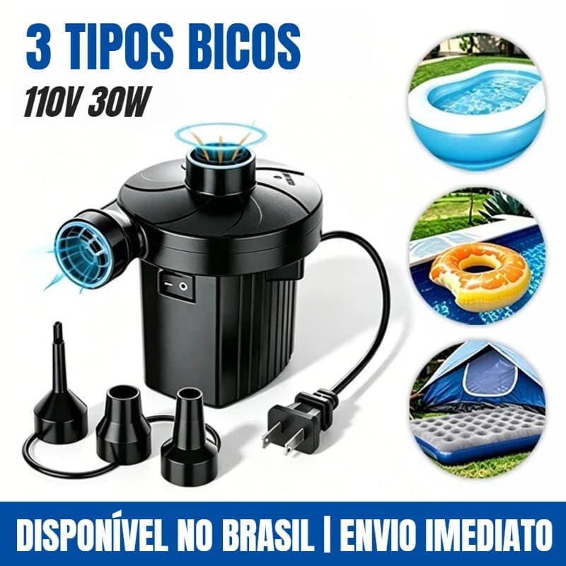 Bomba De Ar Elétrica Portátil para Inflar e Esvaziar Colchão, Boia e Piscina 3 Bicos,110V