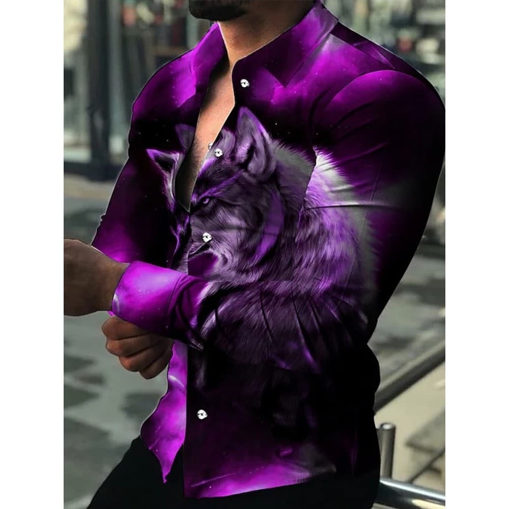Camisas Wolf com Estampa 3D para Homens, Camisas Casuais com Gola Reversível, Camisa de Botões de Manga Longa para Homen