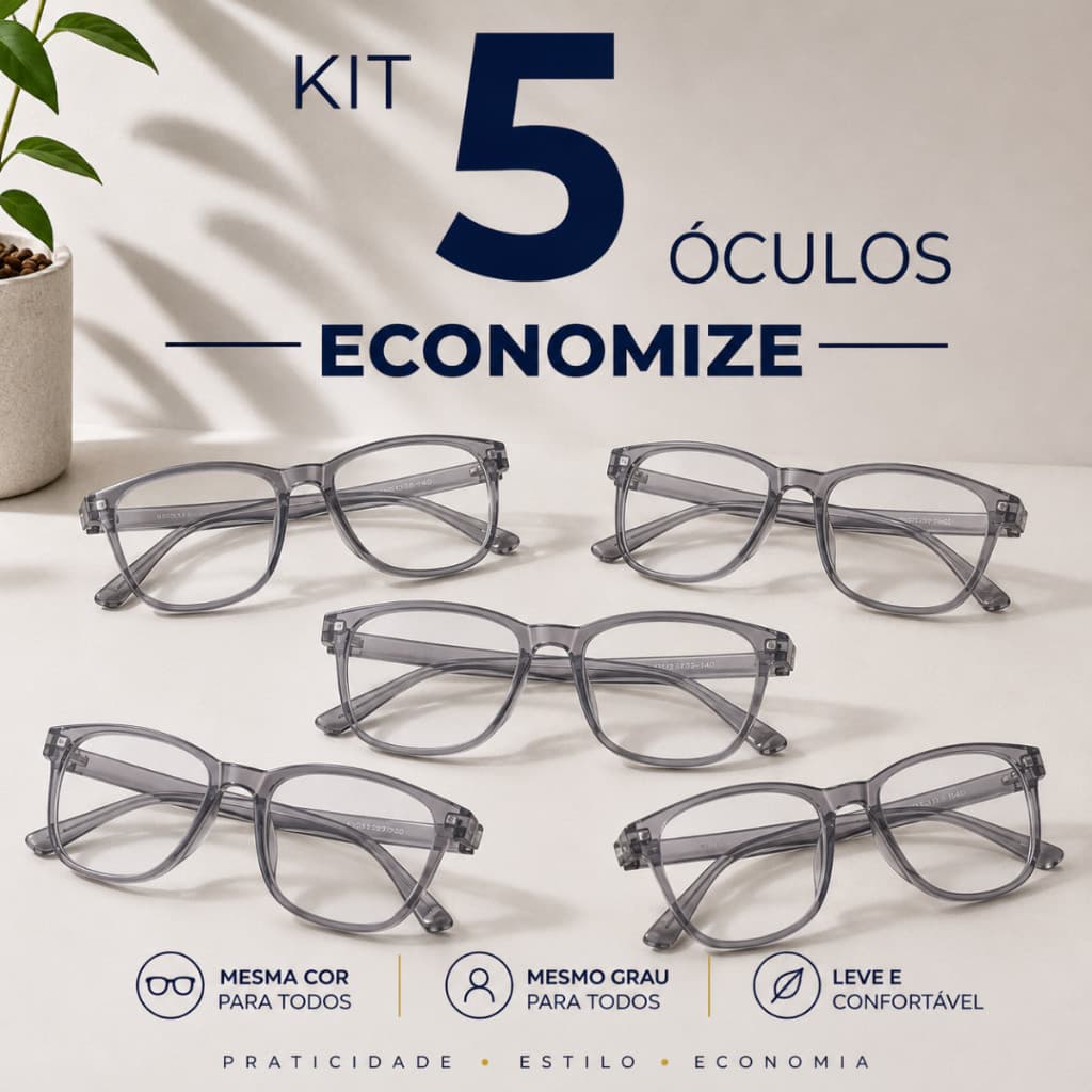 Kit com 5 Óculos de Grau para Presbiopia | Leitura – Cor Cinza, modelo Unissex, Leve e Confortável