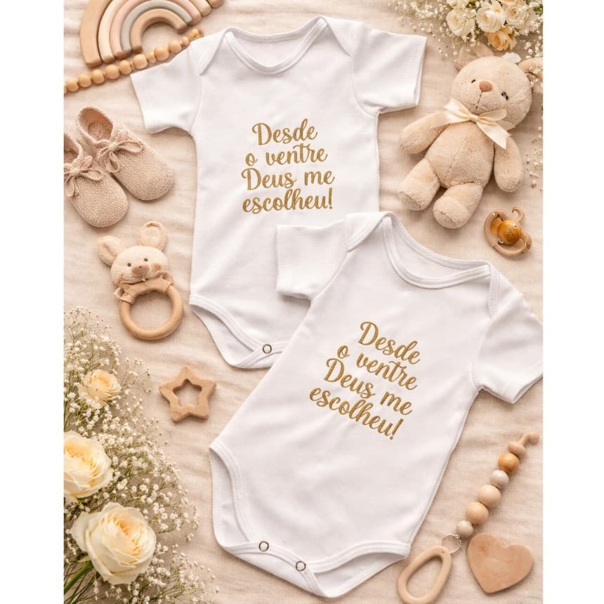 Body Personalizado Bordado Frase Bíblica "Desde o ventre Deus me escolheu" para bebê Feminino ou Masculino Varias Cores