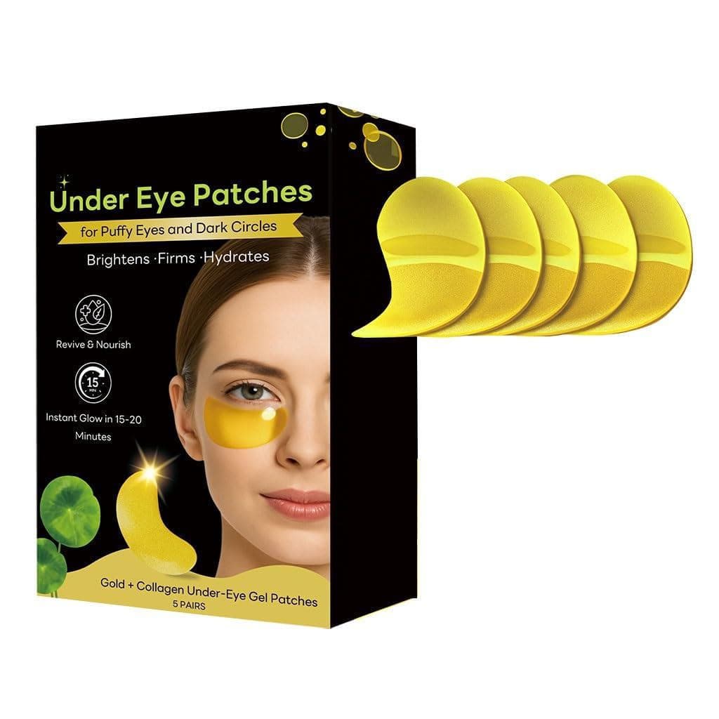 Máscara ocular de hidrogel dourada, adequada para a área dos olhos, hidrata e reduz os sinais de fadiga.