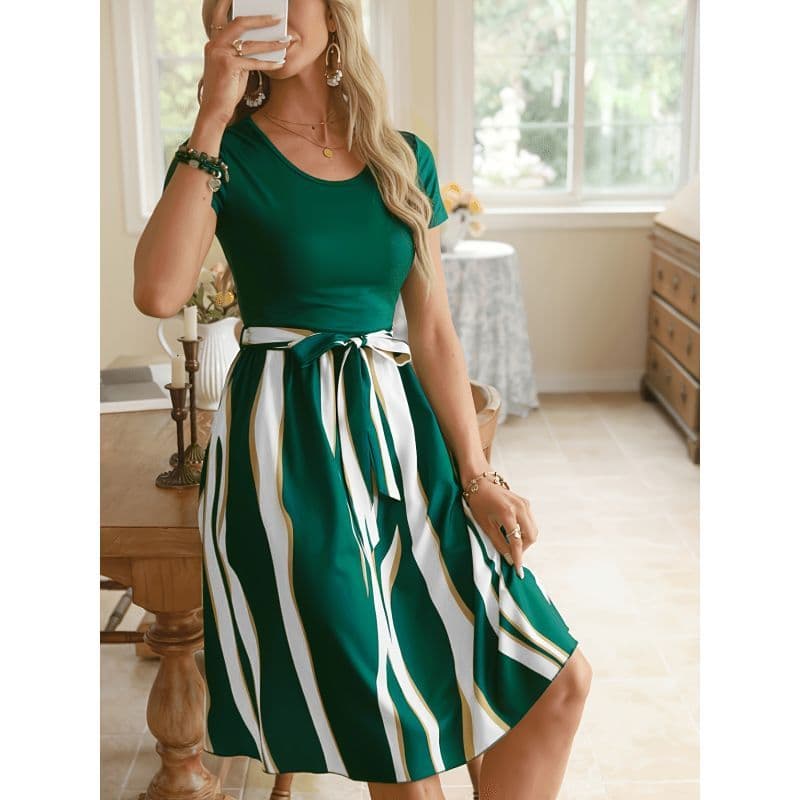 2026 verão vestido feminino de venda quente elegante Commuter manga curta cinto de bloqueio de cores saia longa