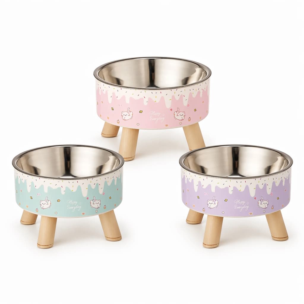 Comedouro Elevado Ergonômico para Gatos e Cães com Tigela de Inox - Estilo Sorvete 14x9cm - Cor Aleatória