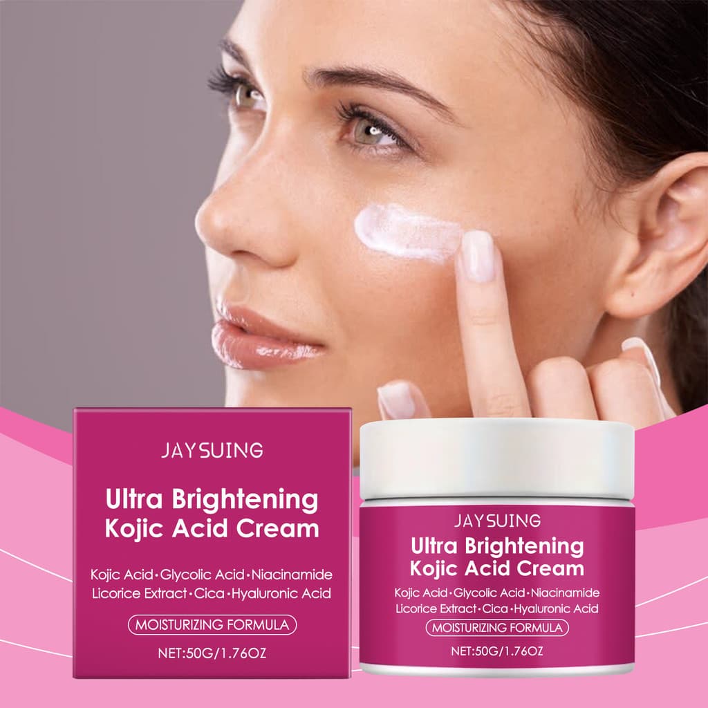 O Creme Hidratante com Ácido Kójico JAYSUING nutre e suaviza a pele do rosto, ilumina a tez, retém a hidratação e deixa