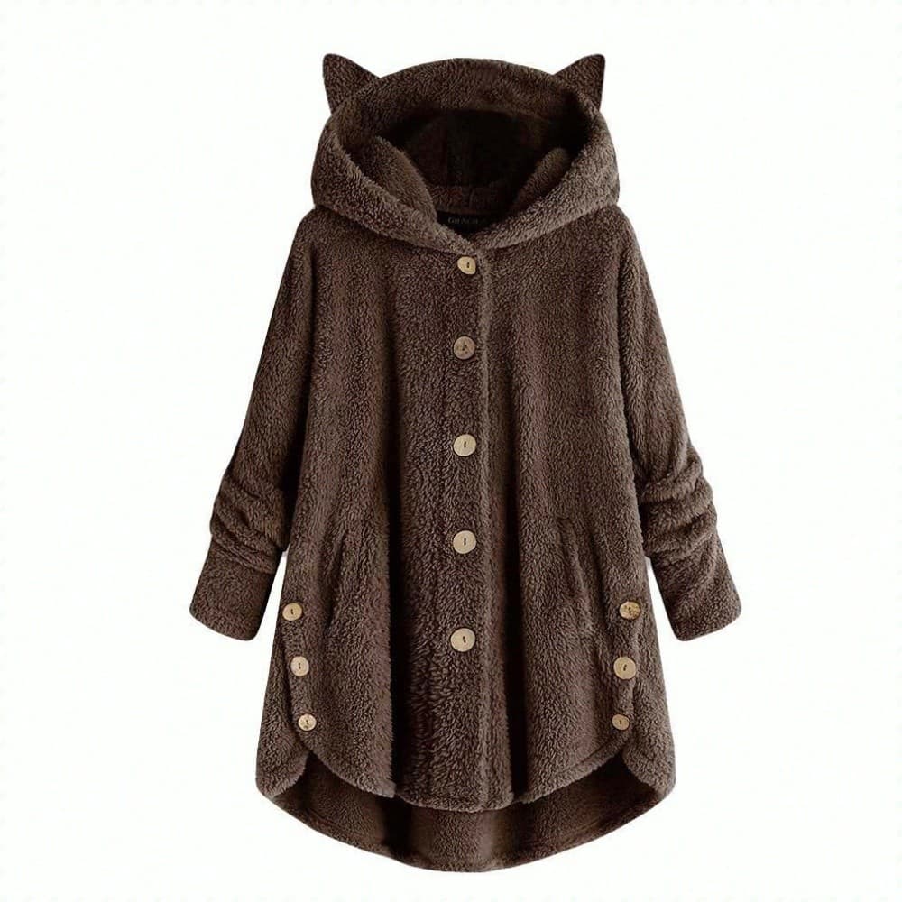 Jaqueta feminina de outono e inverno, cor sólida, felpuda, com capuz e orelhas de gato irregulares.