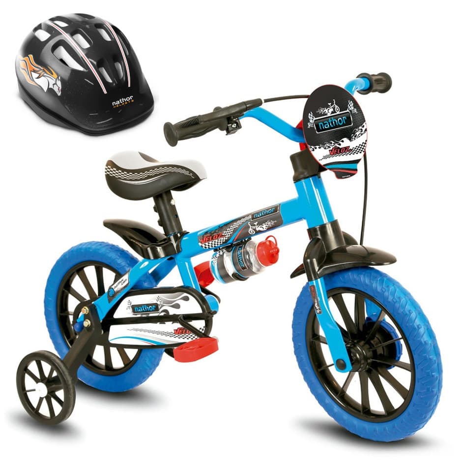 Bicicleta com Rodinha Infantil Veloz Aro 12 para Menino Capacete Preto Nathor