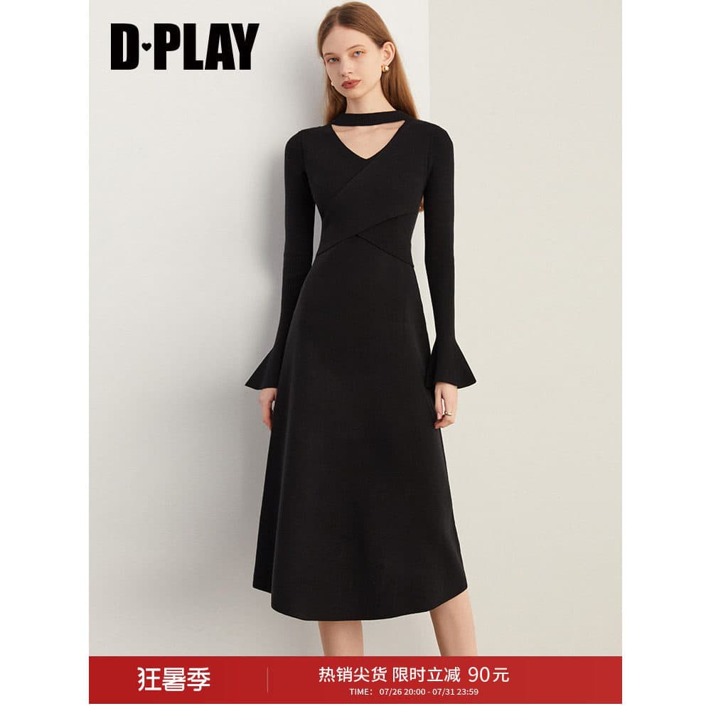 DPLAY outono temperamento meia gola alta mangas largas preto interior vestido de malha camisola saia longa feminina