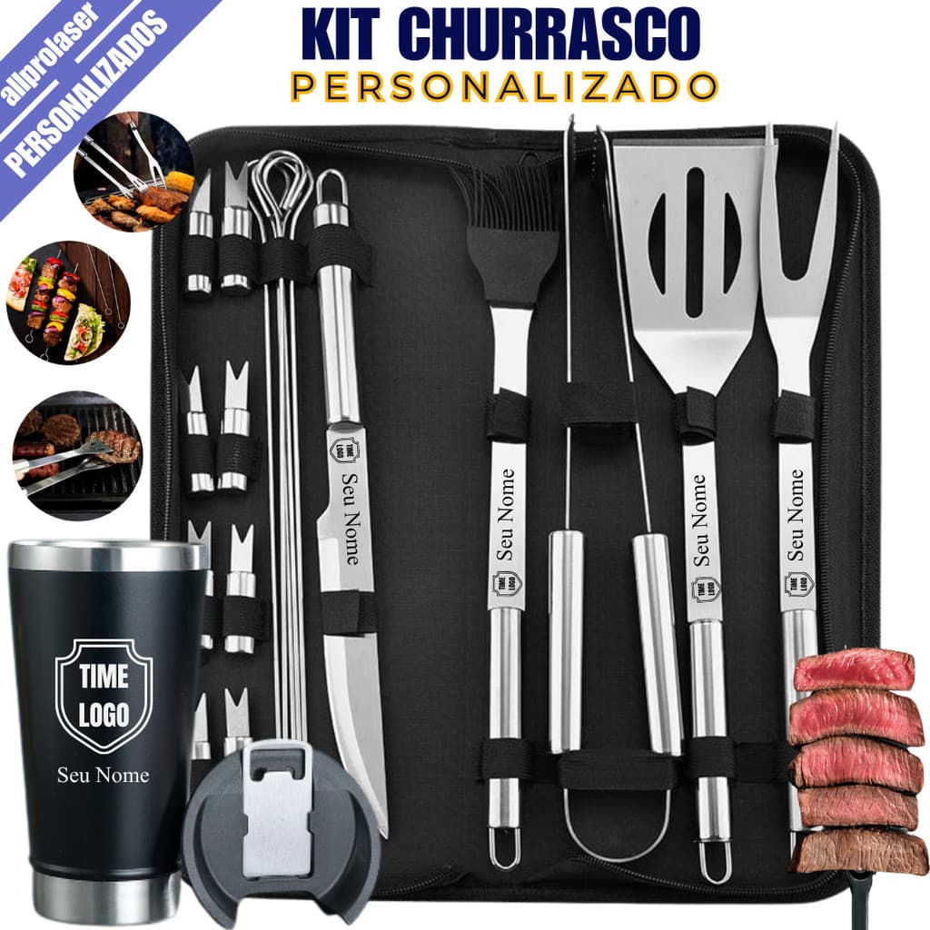 Kit Churrasco 17 Pçs Inox Personalizado a Laser Nome Time Logo