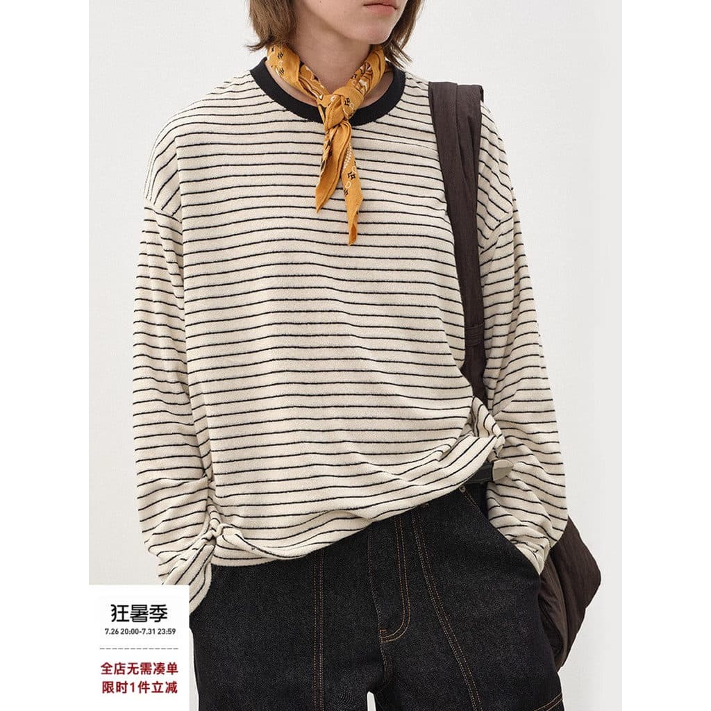 714street lã misturada toalha Material listrado manga comprida camiseta masculina 2025 outono inverno casal usar topo de