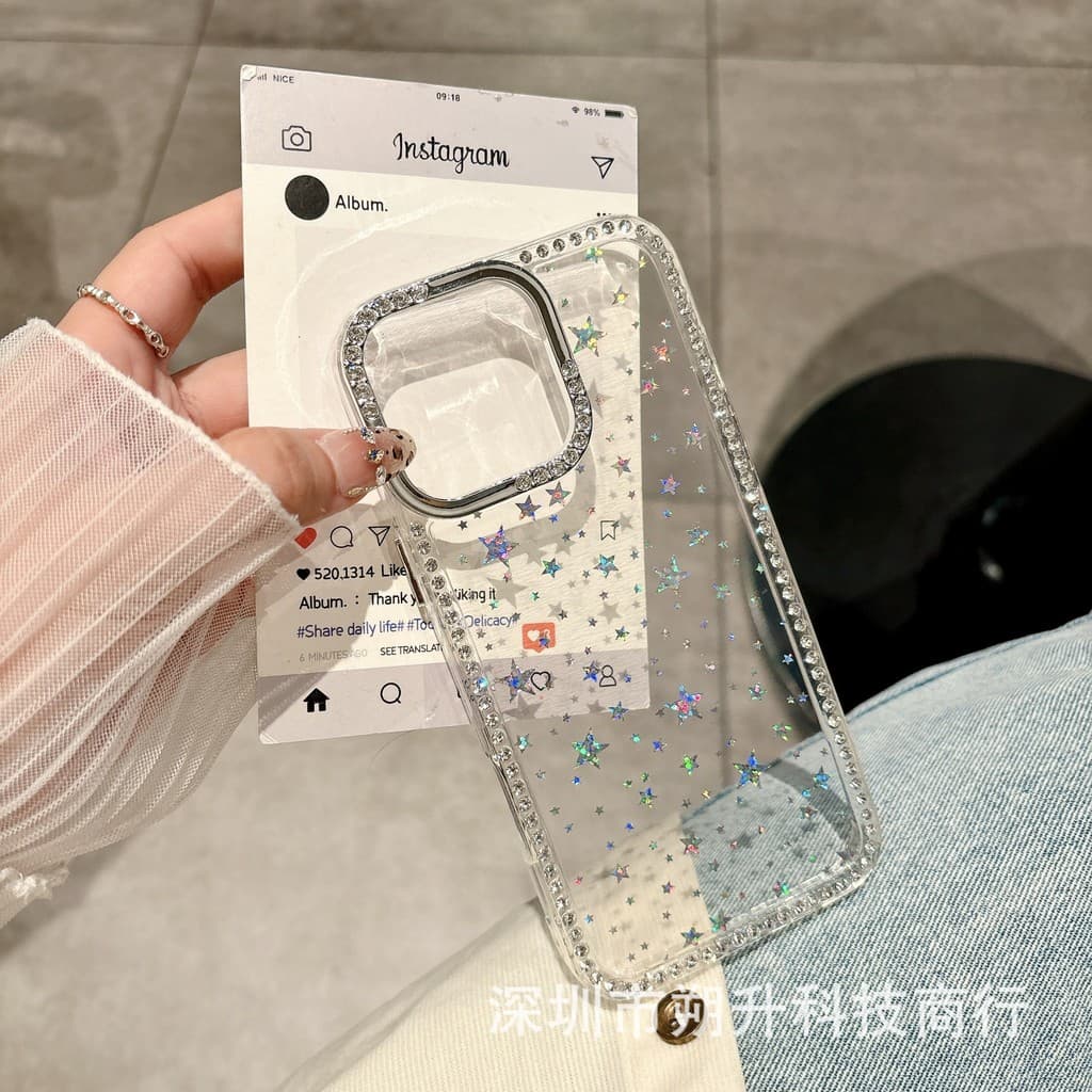Estrelas de diamante piscando adequadas para Apple 16PROMAX caso de telefone High-End sentimento grande buraco simples i