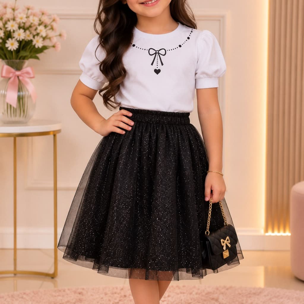 Conjunto Feminino Saia brilho e Blusa Menina Infantil Tule Rodada Infantil e Juvenil Evangelica