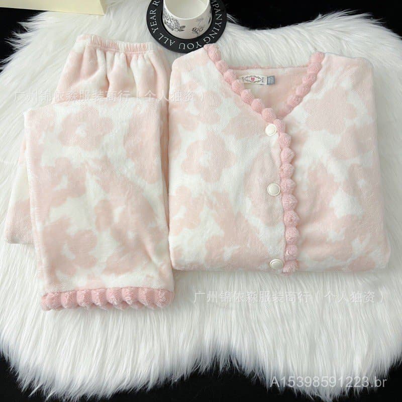 Pijama de lã Coral feminino outono inverno estilo grosso forro de lã manter quente Cross-Border comércio exterior Loun