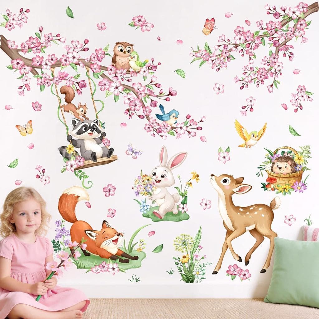 Adesivos de Parede Tanlaby com Animais da Floresta, Flor de Cerejeira, Ramo de Árvore, Veado, Raposa para Quarto de Meni