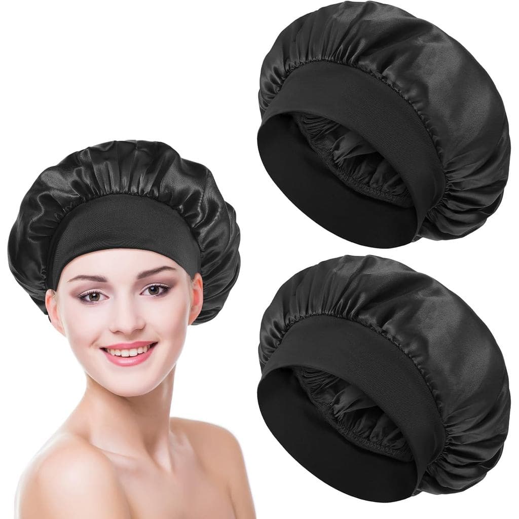 2 Peças de Touca de Seda para Dormir, Toucas de Cabelo de Cetim com Faixa Elástica Macia, Touca de Seda Preta para Mulhe
