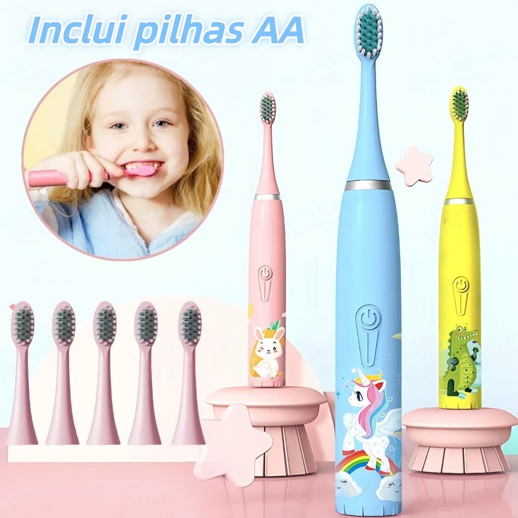 Escova Dental Elétrica Ultra-Sônica Para Crianças Acústica Onda Fofa Cabelos Suaves Dupla Face Limpa Cuidados
